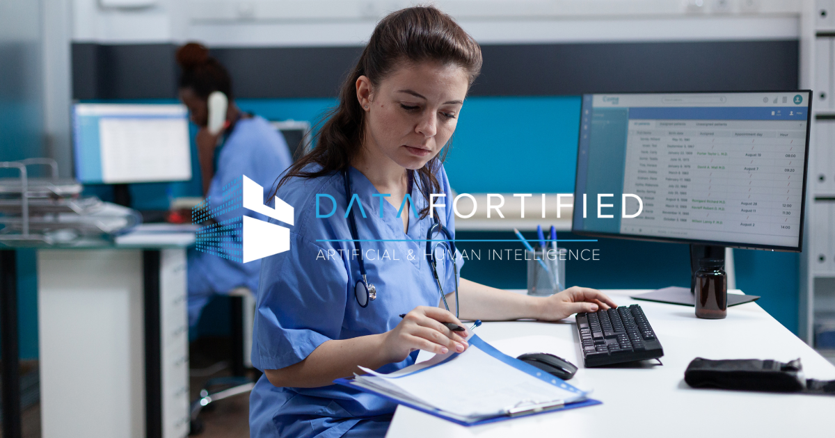 Nurse scanning data of patient records in hospital